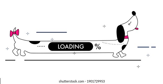 Loading web page with cute dog.Extremely long dachshund. Updates and downloading improvements.Computer settings, software.IT industry, pet shop template or internet searching.Network connection.Vector