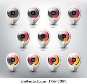 Loading website buffer loader or preloader. Load icon in different loading state and percentage.  Isolated on the white background. Vector illustration. Eps10.