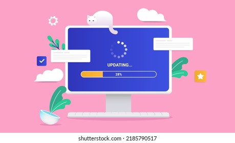 Loading wheel and load bar on computer screen while updating software. Vector illustration