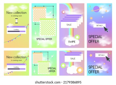 Loading window for new collection announcement. Social media ig template for y2k style stories with realictic clouds.  Special offer post mockup.