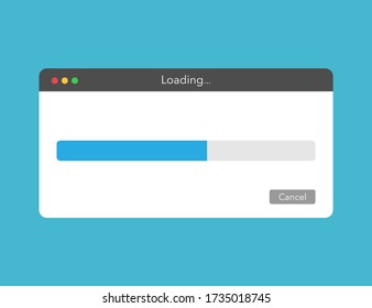 Loading window with progress bar. Template of downloading or uploading status. Cancel button. Close and minimize buttons in modern style. Loading file indicator. Loader from computer to web.