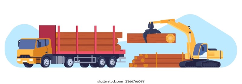 Loading wooden logs onto special truck for cargo transportation. Hauling wood from sawmill. Industrial vehicle. Forestry heavy automobile and loader. Lorry unloading