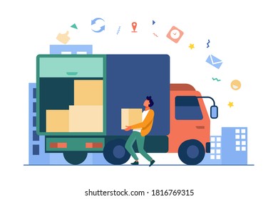 Cargando la caja de carga del trabajador en un camión. Parcela, logística, ilustración de vectores planos de cartón. Servicio de entrega y concepto de envío para banner, diseño de sitio web o página web de aterrizaje