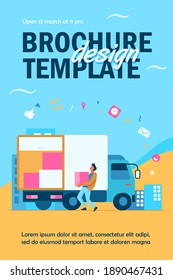 Loading workman carrying box in truck. Parcel, logistics, cardboard flat vector illustration. Delivery service and shipping concept for banner, website design or landing web page