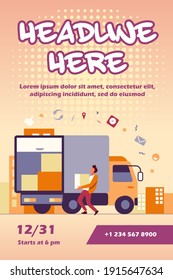 Cargando la caja de carga del trabajador en un camión. Parcela, logística, ilustración de vectores planos de cartón. Servicio de entrega y concepto de envío para banner, diseño de sitio web o página web de aterrizaje