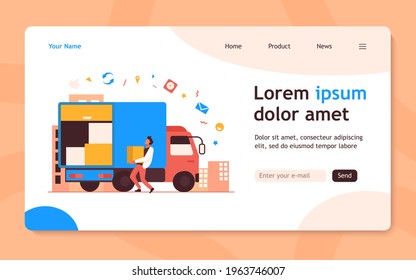 Loading workman carrying box in truck. Parcel, logistics, cardboard flat vector illustration. Delivery service and shipping concept for banner, website design or landing web page