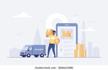Cargando la caja de carga del trabajador en un camión. y aplicación móvil para el seguimiento de la entrega de pedidos. ilustración vectorial