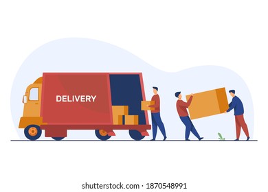 Loading workman carrying boxes. Van, vehicle, loader flat vector illustration. Transportation and relocation concept for banner, website design or landing web page