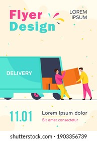 Loading workman carrying boxes. Van, vehicle, loader flat vector illustration. Transportation and relocation concept for banner, website design or landing web page