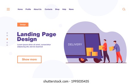 Loading workman carrying boxes. Van, vehicle, loader flat vector illustration. Transportation and relocation concept for banner, website design or landing web page