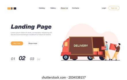 Loading workman carrying boxes. Van, vehicle, loader flat vector illustration. Transportation and relocation concept for banner, website design or landing web page