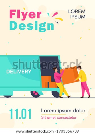 Loading workman carrying boxes. Van, vehicle, loader flat vector illustration. Transportation and relocation concept for banner, website design or landing web page