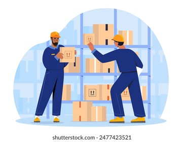 Cargadores en el almacén. Dos hombres con paquetes y paquetes de cartón. Distribución, logística y envío, transporte. Inventario en tienda o tienda. Ilustración vectorial plana de dibujos animados