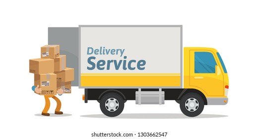 Сourier loads the boxes in the truck. Delivery service. Vector illustration, flat
cartoon style. Isolated on white background.