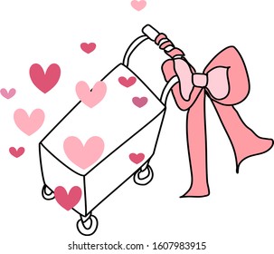 Loads of love concept with red and pink hearts in a shopping cart. Greeting card with a lot of small and big hearts in shopping trolley for Valentine's Day and Happy Anniversary occasions.