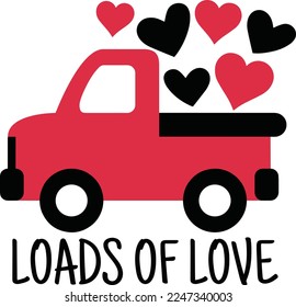 loads of love lettering vector with a truck full of hearts