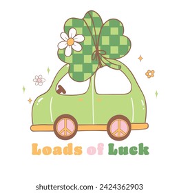 Loads of luck, Groovy st patrick's day car with clover leaves cartoon doodle drawing.