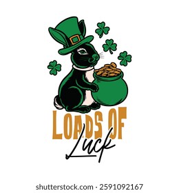 Loads of Luck: St. Patrick's Day Black Rabbit with Pot of Gold Typography Vector