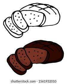 A loaf of black round bread, and sliced pieces of bread. Hand-drawn vector illustration isolated on white background.