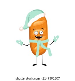 Loaf of bread character in Santa hat with happy emotion, joyful face, smile eyes, arms and legs. Baking person, homemade pastry with funny expression. Vector flat illustration