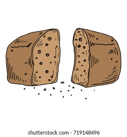 Loaf Of Bread Cut In Half. Bread With Crumbs. Vector Illustration Of Bread. Hand Drawn Bread.