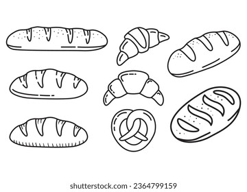 Loaf bread. Fresh bakery.Outline vector illustration.Design element for bakery, shop, pastry shop.Baking croissant.Bavarian pretzel.Outline vector illustration.Isolated on a white background.