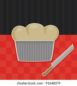 loaf of bread with knife on red and black background