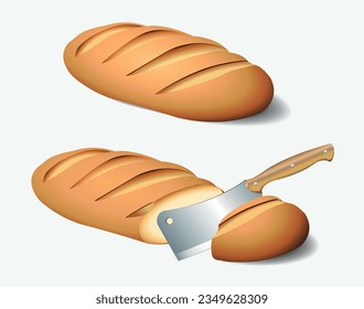 A loaf of bread and a knife. Slicing bread on a white background. Vector 3d illustration