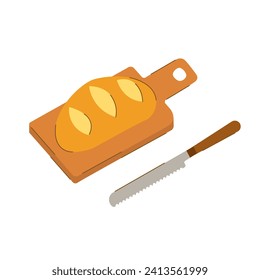 Loaf bread on cutting board and bread knife on isolated white background in flat style. Food and bakery products. Carbohydrates. Vector illustration.