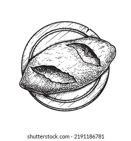 Loaf of bread on the cutting wooden board. Hand drawn sketch style. Top view. Fresh bakery product. Vector illustration.