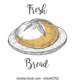 Loaf of bread on a wooden round board. Vector illustration of a sketch style.