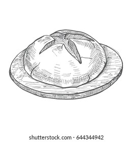 Loaf of bread on a wooden round board. Vector illustration of a sketch style.
