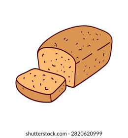 Loaf of bread with one sliced piece, fresh homemade sandwich bread, golden crust, soft crumb, isolated on white background, food illustration, clipart.