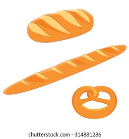 Loaf of bread, pretzel and french baguette vector illustration. White, tasty bread. Different kinds of bread vector icon