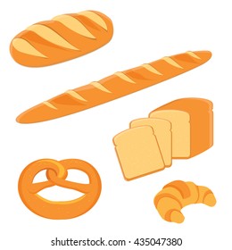 Loaf of bread, pretzel, toast bread, croissant and french baguette vector illustration. Different kinds of bread vector icon