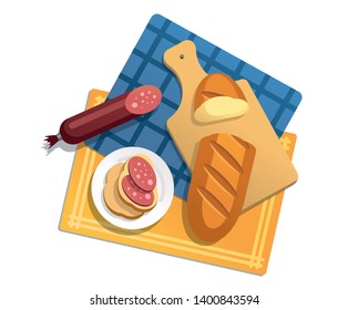 Loaf of bread with sausage. The sandwich on the plate.