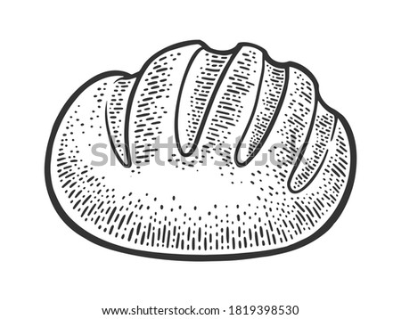 Loaf of bread sketch engraving vector illustration. T-shirt apparel print design. Scratch board imitation. Black and white hand drawn image.
