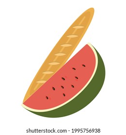 A loaf of bread and a slice of watermelon on a white background for use in web design or clipart