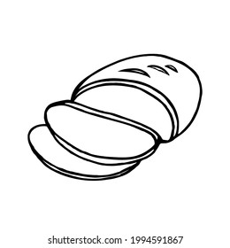 A loaf of bread and two slices cut off on a white background.Vector bakery product can be used in confectionery designs.Doodle illustration.