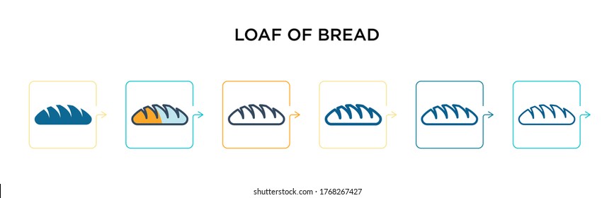 Loaf of bread vector icon in 6 different modern styles. Black, two colored loaf of bread icons designed in filled, outline, line and stroke style. Vector illustration can be used for web, mobile, ui
