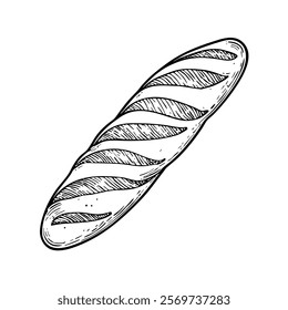 Loaf of bread vector illustration in a hand-drawn style. Rustic cartoon design of fresh bread with a crust, isolated on a white background