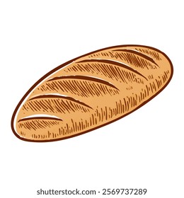 Loaf of bread vector illustration in a hand-drawn style. Rustic cartoon design of fresh bread with a crust, isolated on a white background