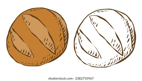 Pan de pan. Harina de trigo horneada. Panadería y repostería. Alimentos saludables. Ilustración artística aislada de vectores. Esbozar blanco y negro y color. Línea dibujada a mano