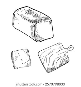 Loaf bread whole black white vector illustration isolated. Sandwich bread, toast and empty cutting board hand drawn graphic sketch. White loaf painted outline for design grocery store, packaging