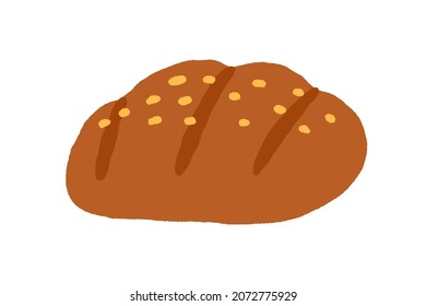 Loaf of brown rye bread. Fresh whole-grain bakery. Cereal food from dough with sesame seeds. Colored flat vector illustration isolated on white background