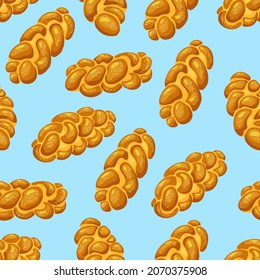 Loaf Challah Holiday jewish braided seamless pattern. Saturday bread on blue isolated background. Vector cartoon illustration of food.