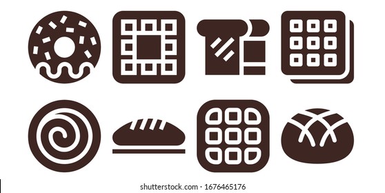 Loaf Icon Set. 8 Filled Loaf Icons. Included Cinnamon Roll, Donut, Bread, Waffle Icons