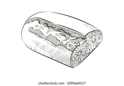 Loaf of sliced bread. Rye rustic baked bread whole grain cut loaf. Logo, icon. Vector sketch realistic line vintage illustration