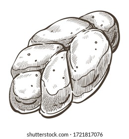 Pan de pan dulce o bollo, aislado icono incoloro de productos horneados, menú de panadería y recetas. Dibujo monocromo de masa deliciosa, masa casera sin gluten. Vector de estilo plano