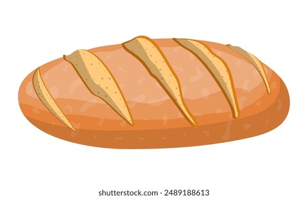 Loaf of wheat bread. Grain bread roll. Baked food. Baguette. Bakery shop. Vector illustration in flat style